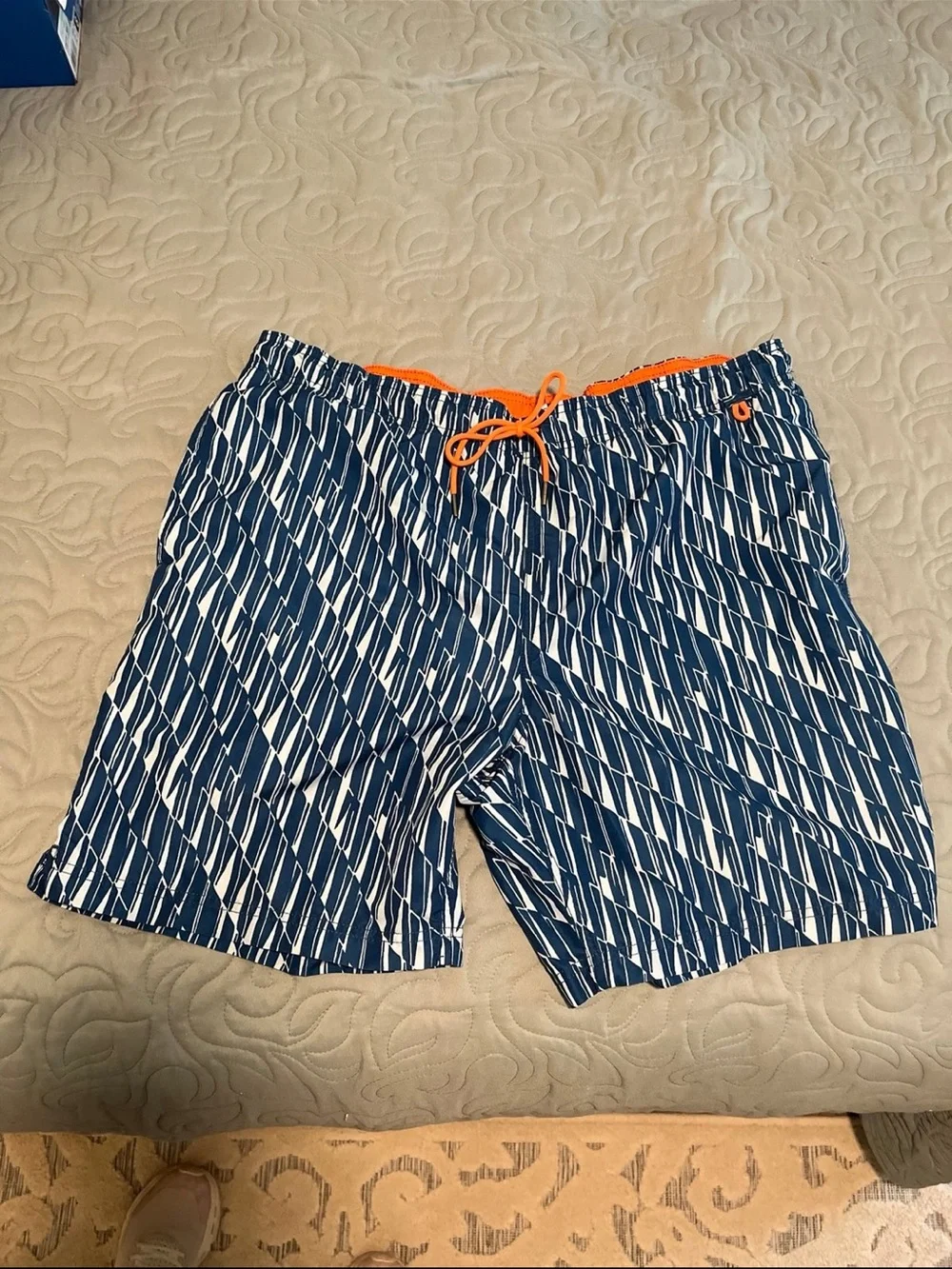 Lands' End Navy Geometric Swim Trunks with Orange Drawstring